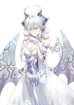 1girl absurdres bare_shoulders breasts cleavage cowboy_shot demon_girl demon_horns demon_wings dress drill_hair duel_monster grey_eyes grey_hair grey_wings highres horns large_breasts lovely_labrynth_of_the_silver_castle low_wings multiple_wings polypterus solo strapless strapless_dress twin_drills white_dress wings yu-gi-oh!