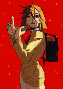 1girl ayase_momo backpack bag black_bag black_choker bow bowtie breasts brown_hair choker collared_shirt cowboy_shot crossed_bangs dandadan earrings freakifier highres jewelry light_blush medium_breasts medium_hair no_pants orange_sweater parted_lips pointing pointing_up red_background red_bow red_bowtie red_eyes shirt shirt_under_sweater solo sweater