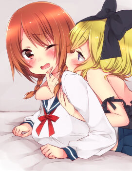 2girls arms_around_neck bare_arms bare_back bare_shoulders blonde_hair blush dress elly_(tonari_no_kyuuketsuki-san) from_behind furrowed_brow hair_ribbon highres lying lying_on_person multiple_girls natsuki_hinata on_bed on_stomach one_eye_closed red_eyes red_hair ribbon school_uniform short_hair sk02 tonari_no_kyuuketsuki-san yuri