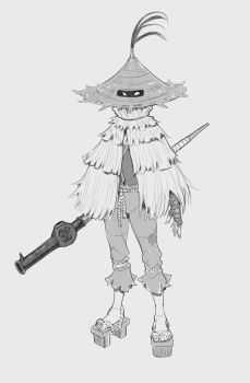 1girl blank_eyes cape cheshirrr commentary covered_face english_commentary fingerless_gloves geta gloves grey_background greyscale gun hat highres holding holding_gun holding_weapon looking_at_viewer monochrome original pants patchwork_clothes rice_hat rope_around_waist sash simple_background solo straw_cape straw_hat weapon white_background