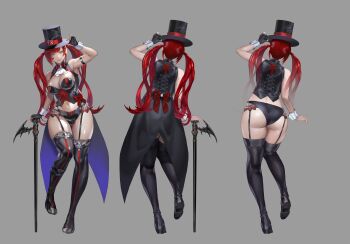 1girl 2022 absurdres adjusting_clothes adjusting_headwear arm_strap ascot ass bat_ornament black_boots black_gloves black_hat black_jacket black_panties black_shirt black_thighhighs blue_eyes blunt_bangs boots bow breasts cane cleavage commentary concept_art contrapposto facial_tattoo female_focus fingerless_gloves from_behind garter_straps gloves green_eyes grey_background hat hat_tip head_tilt heterochromia highres holding holding_cane huge_ass jacket large_breasts light_smile long_hair midriff multicolored_jacket navel numericgazer official_art ohayosayonara open_clothes panties red_bow red_hair red_jacket red_nails revealing_clothes shiny_skin shirt sleeveless sleeveless_jacket solo standing standing_on_one_leg star_(symbol) star_tattoo strap swept_bangs tattoo thick_thighs thigh_boots thighhighs thighs top_hat tricksy_(under_the_witch) tsurime turtleneck turtleneck_shirt twintails two-tone_jacket under_the_witch underwear waist_cape white_ascot wide_hips wrist_cuffs