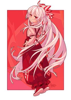 1girl artist_name border bow color_wheel_challenge fujiwara_no_mokou full_body hair_bow hands_on_own_hips highres long_hair long_sleeves looking_back multiple_drawing_challenge ofuda ofuda_on_clothes pants puffy_pants red_background red_eyes red_pants red_shoes red_theme shoes smug soemy solo suspenders tiptoes touhou very_long_hair white_border white_bow white_hair