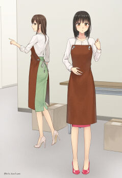 Rule 34 | 2girls, absurdres, black hair, brown hair, commentary request, commission, green skirt, high heels, highres, long hair, long skirt, long sleeves, multiple girls, office lady, original, pencil skirt, pixiv commission, red shoes, setu kurokawa, shirt, shoes, skirt, sleeves rolled up, standing, white shirt, white shoes