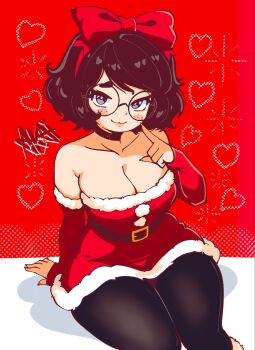 1girl :3 akaibeeyume arm_support bare_shoulders belt belt_around_waist belt_buckle black_belt black_choker black_hair black_pantyhose blush blush_stickers bow bow_hairband breasts buckle choker christmas cleavage closed_mouth collarbone cowboy_shot detached_sleeves dress finger_to_cheek freckles from_above fur-trimmed_dress fur-trimmed_sleeves fur_trim glasses grey_eyes hairband hand_up heart highres hip_dips index_finger_raised invisible_chair large_breasts looking_at_viewer original pantyhose pointing pointing_at_self pom_pom_(clothes) red_background red_bow red_dress red_hairband round_eyewear santa_costume santa_dress saturated shadow short_hair simple_background sitting smile solo strapless strapless_dress