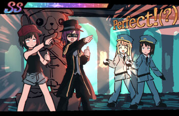 Rule 34 | 4girls, :d, ^ ^, bang dream!, bang dream! girls band party!, bare shoulders, black capelet, black coat, black hair, black hat, black pants, black shirt, blonde hair, blue shorts, capelet, closed eyes, closed mouth, coat, commentary request, eye mask, hat, highres, holding, long hair, mask, medium hair, michelle (bang dream!), mitake ran, multicolored hair, multiple girls, okusawa misaki, open clothes, open coat, open mouth, pants, parody, pointing, ponytail, purple hair, red hat, red streaks, rhythm kaitou r, seta kaoru, shirt, short shorts, shorts, sleeveless, sleeveless shirt, smile, streaked hair, tsurumaki kokoro, v-shaped eyebrows, yukitake (bullfalk)