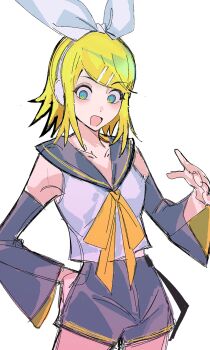 1girl bare_shoulders black_shorts black_sleeves blonde_hair blue_eyes breasts collarbone cowboy_shot detached_sleeves hair_ornament hair_ribbon hairclip hand_on_own_hip hand_up headphones highres kagamine_rin long_sleeves looking_down medium_breasts neckerchief open_mouth quatro10257041 ribbon sailor_collar shirt short_hair short_shorts shorts sidelocks simple_background sleeveless sleeveless_shirt smile solo standing vocaloid white_background white_ribbon white_shirt wide_sleeves yellow_neckerchief yellow_pupils