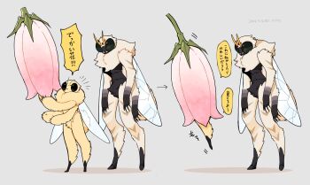 2others androgynous arrow_(symbol) black_eyes body_fur bug colored_speech_bubble dated digitigrade extra_arms flower full_body furry grey_background highres horns in_flower insect_wings multiple_others multiple_views original other_focus pink_flower sannota272 sequential simple_background speech_bubble standing translated white_fur wings