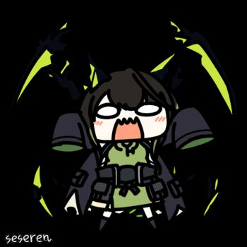 1girl ahoge animated animated_gif arknights artist_name black_hair black_jacket black_shoes blush chibi dress green_dress green_hair huge_ahoge jacket looking_at_viewer lowres medium_hair mon3tr_(arknights) multicolored_hair no_nose off_shoulder open_mouth seseren shoes simple_background sleeves_past_fingers sleeves_past_wrists solid_oval_eyes solo streaked_hair transparent_background two-sided_fabric two-sided_jacket wavy_mouth white_eyes