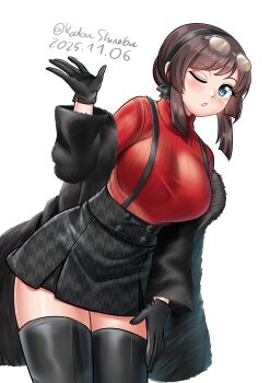 1girl absurdres black_gloves black_hairband black_skirt blunt_sidelocks boots breasts coat commentary cowboy_shot dated english_commentary freckles fur_coat gloves green_eyes hairband highres kantai_collection katou_shinobu large_breasts long_hair looking_at_viewer mogador_(kancolle) mogador_(saury_festival)_(kancolle) official_alternate_costume one-hour_drawing_challenge one_eye_closed overall_skirt red_sweater ribbed_sweater sidelocks simple_background skirt solo suspender_skirt suspenders sweater thigh_boots turtleneck turtleneck_sweater twitter_username white_background