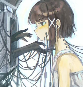 1girl asymmetrical_hair bare_shoulders brown_eyes brown_hair cable closed_mouth commentary computer disembodied_hand expressionless from_side hair_ornament hairclip highres huang_du_du iwakura_lain monitor profile reaching reaching_towards_another serial_experiments_lain short_hair single_sidelock sleeveless solo upper_body x_hair_ornament