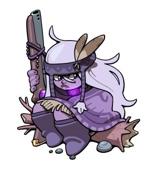 1girl alternate_costume amethyst_(steven_universe) boots chest_jewel colored_skin discount-supervillain feathers gem gem_(steven_universe) gun lips log long_hair plump purple_gem purple_hair purple_skin round_nose shotgun sitting solo steven_universe thick_lips weapon