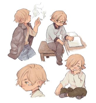 1boy ano_amesuke black_socks blonde_hair book chinese_commentary cigarette coat coat_on_shoulders commentary_request crossed_legs cup earrings elbow_rest facial_hair facial_mark final_fantasy final_fantasy_xiv freckles glasses goatee green_eyes grey_shirt highres holding holding_cigarette holding_cup indian_style jewelry lalafell male_focus pointy_ears shirt single_earring sitting smoking socks stool warrior_of_light_(ff14)