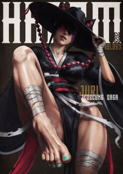 1girl absurdres barefoot breasts capcom female_focus han_juri heterochromia highres large_breasts leg_lift looking_at_viewer monori_rogue multicolored_hair nail_polish short_hair solo streaked_hair street_fighter street_fighter_6 thick_thighs thighs toenail_polish toenails