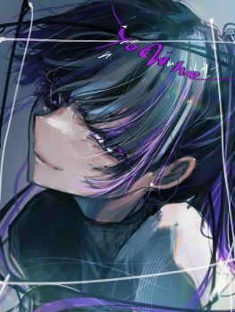 Rule 34 | 1girl, black eyes, black hair, black shirt, blush, character name, closed mouth, cloud nine inc, commentary, earrings, hashtag-only commentary, highres, jewelry, long hair, portrait, purple streaks, shirt, solo, stud earrings, tanake (tanakei ado), utaite, yoshino (utaite)