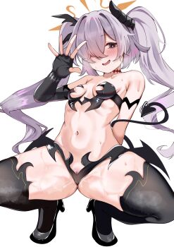 1girl absurdres alternate_costume areola_slip black_gloves black_thighhighs blue_archive blush breasts calin commentary_request demon_horns demon_tail demon_wings elbow_gloves fingerless_gloves gloves hair_over_one_eye halo heart heart-shaped_pupils highres horns kanoe_(blue_archive) long_hair multicolored_eyes navel nervous_smile open_mouth orange_halo pussy pussy_juice pussy_peek scar scar_on_neck single_horn small_breasts smile solo squatting steaming_body sweat symbol-shaped_pupils tail thighhighs twintails two-tone_eyes white_background wings