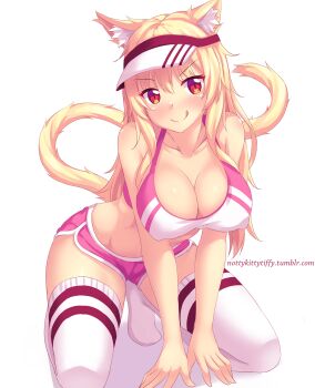 >:) 1girl :q animal_ear_fluff animal_ears artist_self-insert bare_shoulders blonde_hair blush breasts cat_ears cat_tail cleavage collarbone covered_erect_nipples female_focus highres large_breasts long_hair looking_at_viewer no_shoes nottytiffy original red_eyes short_shorts shorts simple_background sleeveless slit_pupils smile solo sportswear tail tank_top thighhighs tiffy_(nottytiffy) tongue tongue_out visor_cap white_background white_thighhighs