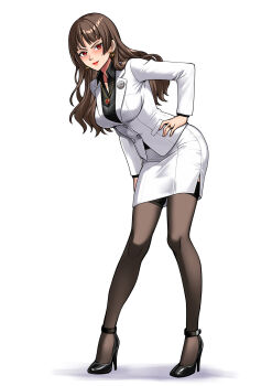 1girl black_shirt black_shorts brown_hair corruption dark_persona formal_clothes hadant high_heels highres jacket jewelry leaning_forward lipstick long_hair makeup office_lady pantyhose pencil_skirt persona persona_5 red_eyes shirt shorts skirt skirt_suit suit white_jacket white_skirt