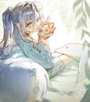 1girl 37_(reverse:1999) alternate_costume alternate_hairstyle blue_eyes blue_hair character_doll character_name doll feet_out_of_frame food from_side hair_between_eyes hashtag-only_commentary highres holding holding_food holding_ice_cream ice_cream long_hair musicbox_(musicbox_draw) parted_lips pinstripe_pattern pinstripe_shirt ponytail reverse:1999 shirt solo striped_clothes striped_shirt stuffed_animal stuffed_dolphin stuffed_toy vertical-striped_clothes vertical-striped_shirt white_background white_shirt willow