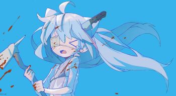 &gt;_&lt; 1girl ahoge an9vj animal_ears axe bad_id bad_twitter_id bikini black_bikini blood blood_on_clothes blood_on_face blood_splatter bloody_weapon blue_background borrowed_character cat_ears cat_girl closed_eyes eguchi-chan_(outo_eguchi) eyepatch facing_viewer flat_chest floating_hair highres holding holding_axe knife_in_head loli long_hair medical_eyepatch micro_bikini object_through_head one_eye_covered open_mouth original simple_background solo swimsuit tearing_up upper_body weapon white_hair