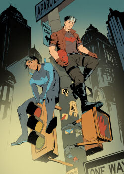 absurdres bat_signal batman_(series) batman_symbol black_bodysuit black_hair blue_eyes bodysuit brothers brown_jacket chapter_56 dc_comics dick_grayson gloves grey_bodysuit highres holding jacket jason_todd male_focus mask multicolored_bodysuit multicolored_hair multiple_boys muscular muscular_male nightwing open_clothes pants red_hood_(dc) red_hood_and_the_outlaws red_mask short_hair siblings superhero_costume taut_bodysuit two-tone_bodysuit western_comics_(style)