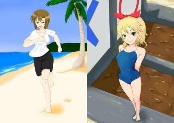 2girls blonde_hair brown_hair game_show green_eyes haruma_(messy_illust) highres idolmaster idolmaster_cinderella_girls idolmaster_cinderella_girls_starlight_stage idolmaster_cinderella_girls_u149 mud multiple_girls sakurai_momoka smile tada_riina wet_and_messy