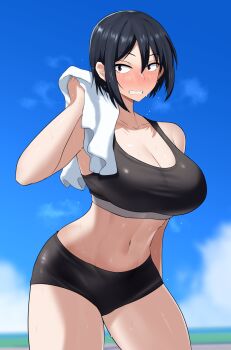 1girl absurdres altronage bare_shoulders black_hair black_sports_bra blue_sky blurry blurry_background breasts cleavage cloud cloudy_sky collarbone commission cowboy_shot day depth_of_field drying hair_between_eyes highres hitomi-chan_wa_hitomishiri holding holding_towel large_breasts looking_at_viewer navel outdoors purple_eyes sharp_teeth short_hair shorts sky solo sports_bra standing sweat takano_hitomi teeth towel towel_around_neck