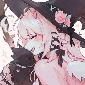 1girl animal_ears beret black_cat black_hat black_ribbon blush breasts cat cat_ears cat_tail closed_eyes flower furry furry_female hair_ornament hat highres horns hug large_breasts long_hair open_mouth pet pink_hair ribbon simple_background smile solo tail witch_hat