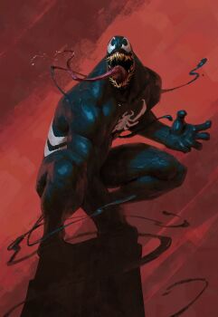 1boy absurdres animal_print bodysuit brush_stroke deltoids facing_viewer fingernails from_side full_body hand_on_floor hand_up highres long_tongue male_focus marvel muscular muscular_male open_mouth portuguese_commentary red_background rock saliva sharp_fingernails sharp_teeth solo spider-man_(series) spider_print squatting symbiote teeth tongue tongue_out trapezius vegetalesirie veins venom_(marvel)