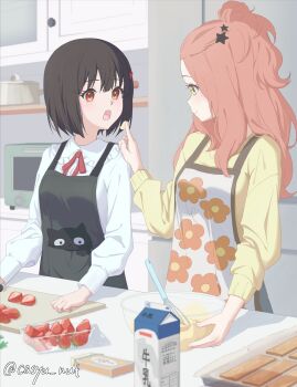 Rule 34 | 2girls, animal print, apron, artist name, bangs pinned back, batter, black apron, black hair, bow, bowl, brown hair, butter, casyu nut, cat print, closed mouth, collared shirt, commentary, cooking, cooking pot, cutting board, drink carton, feeding, floral print, food, food on hand, fruit, hair bow, hair ornament, hibike! euphonium, highres, hisaishi kanade, indoors, kenzaki ririka, kitchen, lace-trimmed collar, lace trim, long hair, looking at another, looking at food, microwave, milk carton, mixing bowl, multiple girls, open mouth, print apron, red bow, red eyes, shirt, short hair, smile, standing, star (symbol), star hair ornament, strawberry, strawberry slice, sweater, twitter username, white shirt, yellow eyes, yellow sweater