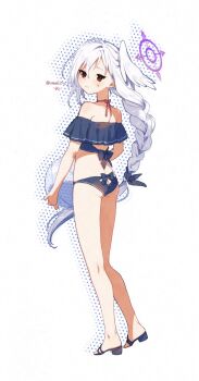 1girl adversarial_noise alternate_costume alternate_hairstyle ass ass_cutout back_bow ball bare_shoulders beachball bikini black_bikini black_bow black_sandals blue_archive blush bow braid braided_ponytail bright_pupils butt_crack closed_mouth clothing_cutout commentary from_behind frown full_body hair_between_eyes hair_bow halo highres holding holding_ball holding_beachball kisaka long_hair looking_at_viewer looking_back low_ponytail off-shoulder_bikini off_shoulder ponytail purple_halo red_eyes sandals simple_background solo standing suzumi_(blue_archive) sweatdrop swimsuit very_long_hair white_background white_hair white_pupils