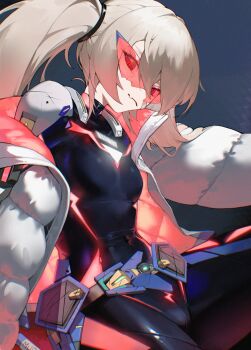 Rule 34 | 1girl, absurdres, armor, armored bodysuit, belt, black bodysuit, blonde hair, blue background, blue belt, bodysuit, breasts, closed mouth, coat, commentary, cowboy shot, english commentary, fang, from side, glowing bodysuit, glowing clothes, goddess of victory: nikke, highres, kimkichun, laplace (nikke), long hair, looking at viewer, official alternate design, open clothes, open coat, orange coat, padded coat, shoulder armor, simple background, skin fang, skin tight, small breasts, solo, tinted eyewear, triangular eyewear, twintails, two-sided coat, two-sided fabric, white coat, winter clothes, winter coat