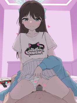 1boy 1girl absurdres airi_(band)_(blue_archive) airi_(blue_archive) arm_support assertive_female bar_censor blue_archive blue_jacket blush brown_hair censored clothed_female_nude_male clothes_lift clothing_aside collarbone condom condom_on_penis cowgirl_position dot_nose girl_on_top green_eyes halo hands_on_another's_thighs heart hetero highres indoors jacket leg_grab lifting_own_clothes light_blush light_smile long_hair looking_at_viewer mintchoco_(minchothudong) nude official_alternate_costume open_clothes open_jacket panties panties_aside penis pleated_skirt pov pov_crotch pussy pussy_juice sex shirt shirt_tucked_in short_sleeves skirt skirt_lift smile solo_focus straddling striped_clothes striped_panties sweat t-shirt underwear vaginal