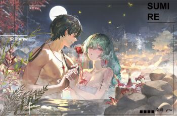 1boy 1girl absurdres black_hair bottle breasts bucket chinese_commentary cleavage commentary_request commission cup drinking_glass earrings full_moon grey_eyes grey_hair hetero heterochromia highres holding holding_cup jewelry jin_sumire long_hair looking_at_another looking_at_viewer male_rover_(wuthering_waves) medium_breasts moon multicolored_hair naked_towel necklace night onsen outdoors parted_lips phrolova_(wuthering_waves) pouring_onto_another red_eyes rover_(wuthering_waves) smile streaked_hair tacet_mark_(wuthering_waves) toned toned_male towel wuthering_waves yellow_eyes