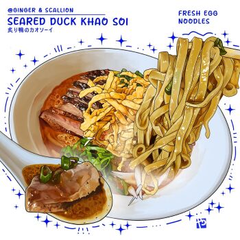 bowl chinese_spoon chopsticks commentary_request duck_(food) food food_focus food_name meat no_humans noodles original spring_onion steaming_food studiolg white_background