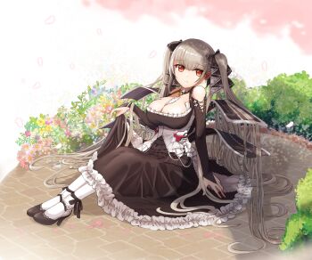 1girl absurdres azur_lane bare_shoulders between_breasts black_dress black_shoes breasts cleavage clothing_cutout day dress ester1009 falling_petals flight_deck flower formidable_(azur_lane) frilled_dress frills grey_hair high_heels highres lace-trimmed_shoes large_breasts long_hair long_sleeves necktie necktie_between_breasts outdoors petals pink_flower purple_flower red_eyes ribbon shoes shoulder_cutout solo twintails two-tone_dress two-tone_ribbon very_long_hair yellow_flower