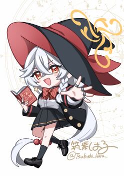 1girl absurdres beads black_boots black_hat black_robe black_skirt black_socks blue_archive blush book boots breasts chibi commentary_request eri_(blue_archive) full_body hair_beads hair_between_eyes hair_ornament halo hat hat_ribbon highres holding holding_book jewelry large_breasts long_hair long_sleeves looking_at_viewer low-tied_long_hair multicolored_hair multiple_rings open_mouth orange_eyes orange_halo pleated_skirt red_hair red_ribbon ribbon ring robe shirt skirt smile socks solo tilted_halo tsukushi_haru very_long_hair white_hair white_shirt witch_hat