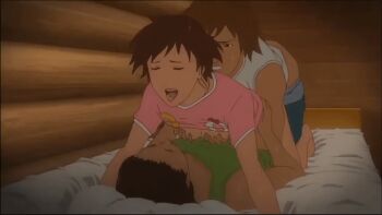 1girl 2boys absurdres anal animated animated_gif anime_screenshot brown_hair clothed_sex double_penetration eirka_(ova) from_behind gyo_(ova) highres multiple_boys on_bed sex smile