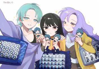 3girls aqua_eyes aqua_hair artist_name badge bag black_eyes black_hair blue_bag brown_dress button_badge character_doll character_pin closed_mouth coat commentary dated doll dress fa_yuiry four_murasame frilled_bag frown green_eyes grin gundam highres itabag kamille_bidan lipstick long_hair long_sleeves looking_at_viewer makeup merchandise multiple_girls olu_pta open_clothes open_coat oshi-katsu purple_hair purple_lips rosamia_badam short_hair shoulder_bag smile sparkle yellow_coat zeta_gundam