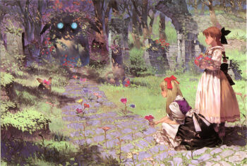 2girls animal apron blonde_hair bow braid brown_hair creepy dress flower forest glowing glowing_eyes grass hair_bow horror_(theme) multiple_girls nature non-web_source original path road ruins scenery squatting standing yoshinari_you