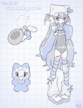 1other ahoge am314 bandaid bandaid_on_knee bandaid_on_leg black_one-piece_swimsuit blue_jacket blue_socks commentary_request commission earphones full_body grey_eyes grey_hair grid_background hat heart heart_ahoge highres jacket leg_warmers long_hair long_sleeves looking_at_viewer one-piece_swimsuit original pacifier sample_watermark shoes simple_background skeb_commission sleeves_past_fingers sleeves_past_wrists socks striped_clothes striped_socks swimsuit tamagotchi_(virtual_pet) tearing_up vertical-striped_clothes vertical-striped_socks very_long_hair virtual_pet_(toy) watermark white_hat white_leg_warmers white_shoes