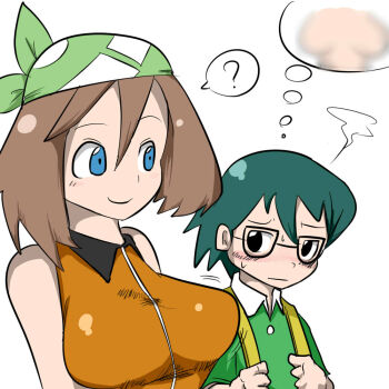 1boy 1girl ? age_difference bandana bare_shoulders black_eyes blue_eyes blurry blush bouncing_breasts breasts brother_and_sister brown_hair censored glasses green_hair hallucination incest large_breasts max_(pokemon) may_(pokemon) may_(pokemon_emerald) motion_lines nintendo pokemon pokemon_(anime) pokemon_dppt_(anime) pokemon_rse_(anime) short_hair shota siblings simple_background size_difference smile speech_bubble sweat teenage_girl_and_younger_boy thought_bubble white_background yamii_(yame83)