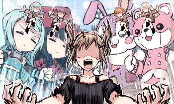 6+girls anger_vein angry aqua_dress aqua_hair bang_dream! bang_dream!_girls_band_party! bare_shoulders bear black_shirt blonde_hair brown_dress brown_hair closed_eyes commentary dress english_commentary faceless faceless_female flying_sweatdrops furious green_skirt grey_jacket hair_ornament hanasakigawa_school_uniform haneoka_school_uniform highres hikawa_hina hikawa_sayo ichigaya_arisa jacket kitazawa_hagumi long_hair long_sleeves michelle_(bang_dream!) miniskirt multiple_girls neck_ribbon no_eyes off-shoulder_shirt off_shoulder okusawa_misaki orange_hair outstretched_arms pleated_skirt purple_hair rabbit red_ribbon red_shirt ribbon sailor_collar sailor_dress school_uniform seta_kaoru shaded_face shirokane_rinko shirt short_hair skirt sleeveless sleeveless_dress tsurumaki_kokoro twintails udagawa_ako white_sailor_collar winter_uniform x_hair_ornament yukitake_(bullfalk)