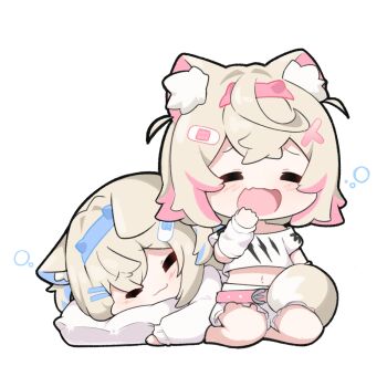 2girls =_= animal_ear_fluff animal_ears arm_warmers bandaid bandaid_hair_ornament belt blonde_hair blue_hair blue_hairband blush_stickers chibi chibi_only commentary covering_own_mouth cropped_shirt crossed_bangs dog_ears dog_girl dog_tail double-parted_bangs english_commentary fake_horns frilled_shorts frills full_body fuwawa_abyssgard fuwawa_abyssgard_(1st_costume) hair_between_eyes hair_ornament hairband hairclip hand_over_own_mouth highres hololive hololive_english horn_hairband horns long_hair mococo_abyssgard mococo_abyssgard_(1st_costume) multicolored_hair multiple_girls pink_belt pink_hair pink_hairband shirt short_hair short_shorts shorts siblings simple_background sisters snowmya squeans streaked_hair t-shirt tail tail_around_another&#039;s_leg tail_wrap twins two_side_up virtual_youtuber waking_up white_background white_shirt white_shorts x_hair_ornament yawning