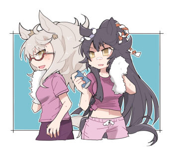 2girls :d animal_ears beer_hsk biwa_hayahide_(umamusume) black_hair blue_background blush brown_eyes can commentary_request crop_top cropped_legs glasses grey_hair groin holding holding_can holding_towel horse_ears horse_girl horse_tail long_hair midriff multiple_girls narita_brian_(umamusume) navel open_mouth pants pink_pants pink_shirt ponytail profile purple_pants purple_shirt red-framed_eyewear semi-rimless_eyewear shirt short_sleeves smile tail tied_shirt towel two-tone_background umamusume under-rim_eyewear very_long_hair white_background