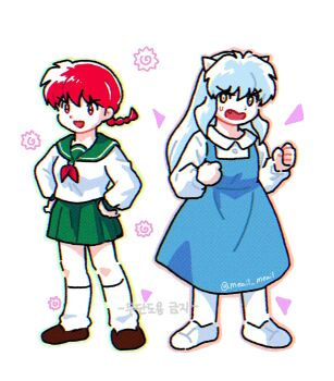 1boy 1girl animal_ears braid braided_ponytail commentary_request cosplay dog_ears full_body fuurinkan_high_school_uniform green_skirt highres higurashi_kagome higurashi_kagome_(cosplay) inuyasha inuyasha_(character) korean_commentary meail_meail open_mouth ranma_1/2 red_hair saotome_ranma school_uniform skirt standing tendou_akane tendou_akane_(cosplay) white_hair