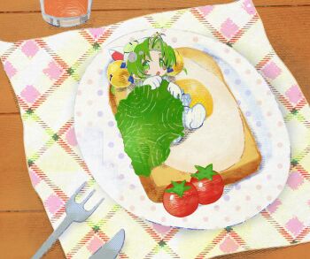 1girl animal_hat bell blanket blue_bow blush_stickers bow butter_knife cakepiepizza cat_hat cherry_tomato commentary_request cup curtained_hair dejiko di_gi_charat fork fried_egg green_eyes green_hair hair_bell hair_bow hair_ornament hat highres holding holding_blanket jingle_bell knife koge_donbo_(style) korean_commentary lettuce mini_person mittens multiple_hair_bows napkin open_mouth plate polka_dot shoes short_hair solo table tomato under_covers white_shoes wooden_table
