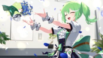 Rule 34 | 1girl, absurdres, back bow, blue bow, blue bowtie, blue corset, blue flower, blue skirt, bouquet, bow, bowtie, center frills, chico (yuzuha riko), closed eyes, commentary, commentary request, corset, corsetman, english commentary, falling petals, flower, frills, green bow, green bowtie, green hair, hair bow, hair ornament, highres, holding, holding bouquet, idol, idol clothes, indoors, korean commentary, lens flare, light switch, mixed-language commentary, multicolored bow, multicolored bowtie, multicolored hair, open mouth, outstretched arms, petals, plant, potted plant, second-party source, shirt, skirt, stellive, streaked hair, teeth, twintails, two-tone hair, upper teeth only, virtual youtuber, white bow, white bowtie, white flower, white hair, white shirt, white wrist cuffs, wrist cuffs, yuzuha riko