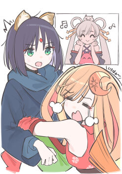 Rule 34 | 3girls, ^^^, absurdres, animal ear fluff, animal ears, black choker, blonde hair, cho kaguya-hime!, choker, closed eyes, commentary, crescent, crescent hair ornament, detached sleeves, frikuriku02070720, fushi (cho kaguya-hime!), green eyes, grey hair, hair ornament, hair rings, hair stick, hands up, highres, hug, japanese clothes, kaguya (cho kaguya-hime!), long hair, long sleeves, looking at another, multiple girls, musical note, open mouth, parted bangs, purple hair, rabbit ears, runami yachiyo, sakayori iroha, short hair, smile, tears, twintails, upper body, white background