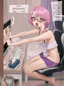 1boy 1futa ass caught chair cum desk dolphin_shorts ejaculation embarrassed from_outside futanari futanari_masturbation glasses highres humiliation ikemeru19 looking_at_viewer masturbation medium_hair original pink_eyes shorts tears tissue tissue_box walk-in