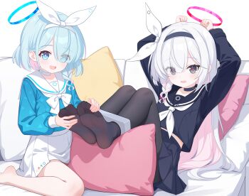 2girls absurdres arona_(blue_archive) black_choker black_eyes black_hairband black_sailor_collar black_shirt black_skirt blue_archive blue_eyes blue_hair blue_halo blue_shirt bow braid chinese_commentary choker colored_inner_hair commentary_request couch eugenecolin feet foot_focus foreshortening hair_bow hairband halo highres large_variant_set long_hair long_sleeves medium_hair miniskirt multicolored_hair multiple_girls on_couch open_mouth pink_hair plana_(blue_archive) pleated_skirt puffy_long_sleeves puffy_sleeves red_halo sailor_collar sailor_shirt shirt side_braid single_braid skirt soles toes two-tone_hair variant_set white_bow white_choker white_hair white_hairband white_skirt